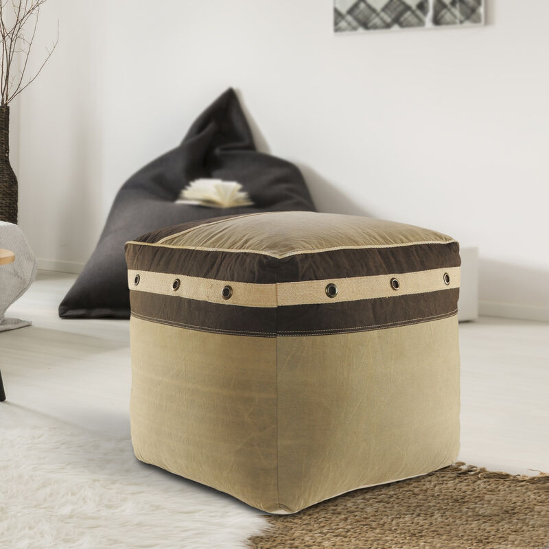 Hivvago 20 Inch Brown Cotton Striped Pouf Ottoman