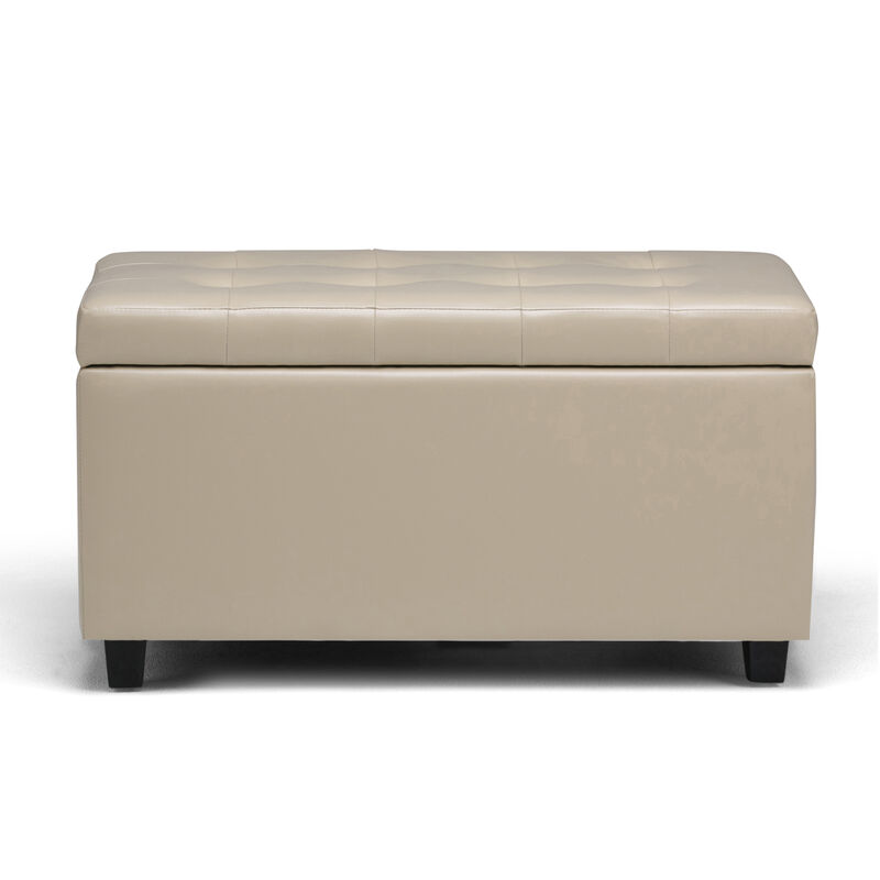 Cosmopolitan 34 inch Wide Transitional Rectangle Storage Ottoman in Satin Cream Vegan Faux Leather, Assembled