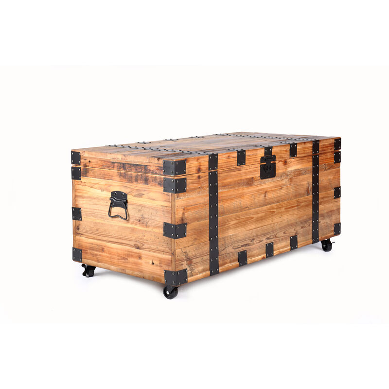 Trunk Table with four wheel Large capacity storage Coffee table, Natural Reclaimed Wood /Black Metal