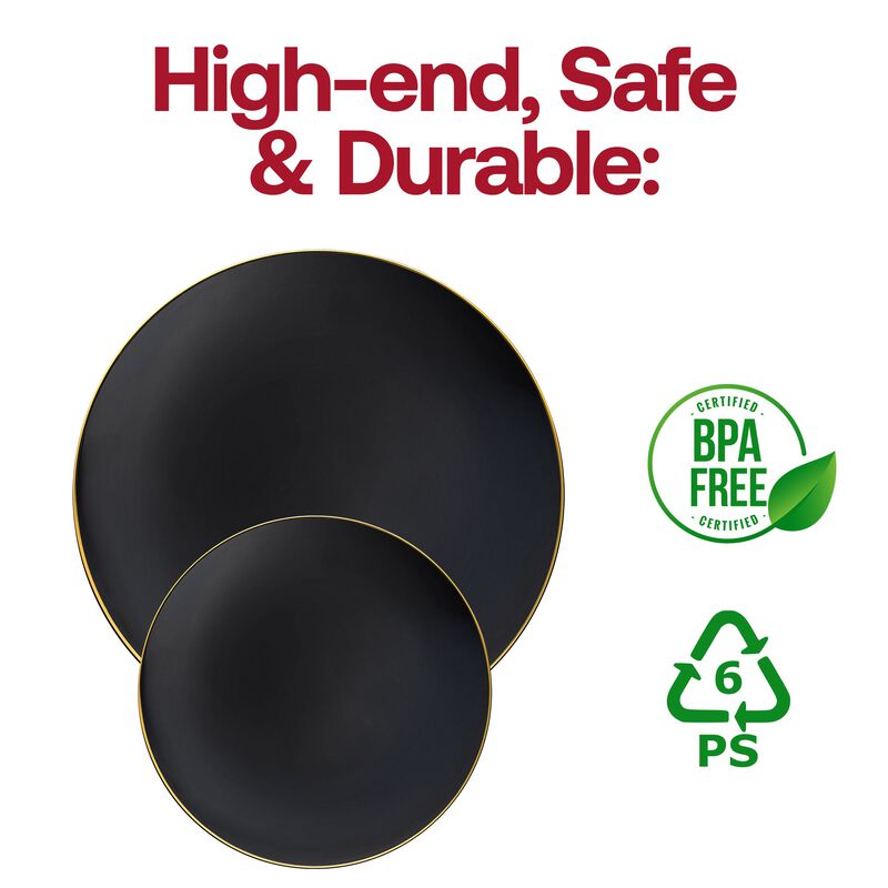 Black with Gold Rim Organic Round Plastic Dinnerware Value Set (40 Sets) image number 5