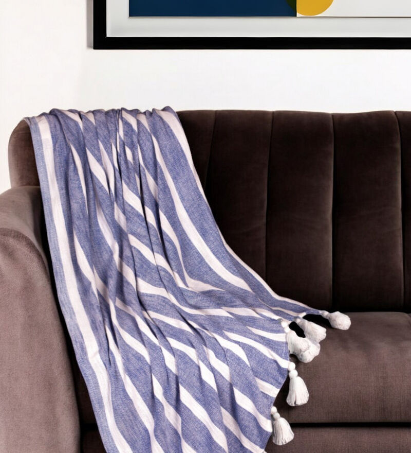 HomeRoots 50" X 60" Blue and White Woven Cotton Striped Throw Blanket with Tassels image number 1