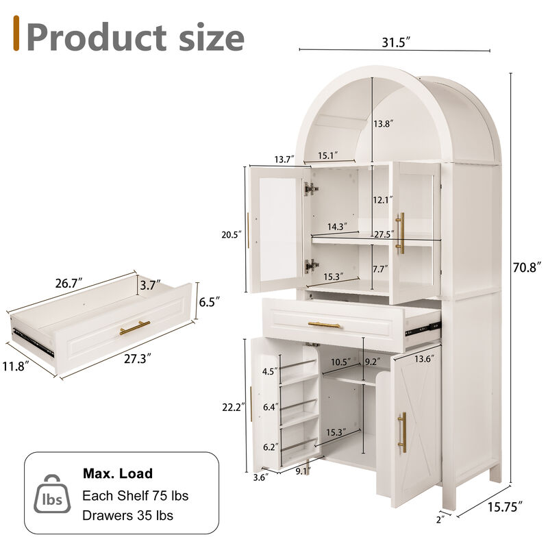 Merax Farmhouse Arched Glass Barn Door Pantry Cabinet - Adjustable Shelves & Built-In Racks image number 6