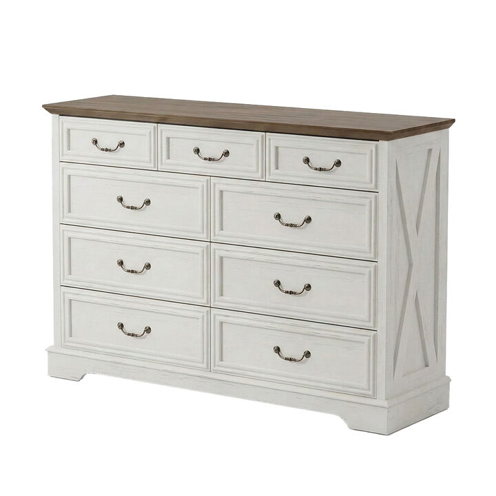Farmhouse 9 Large Drawers Dresser, 52 Inch Wide Modern Bedroom Dresser TV Stand with and Bar Handles