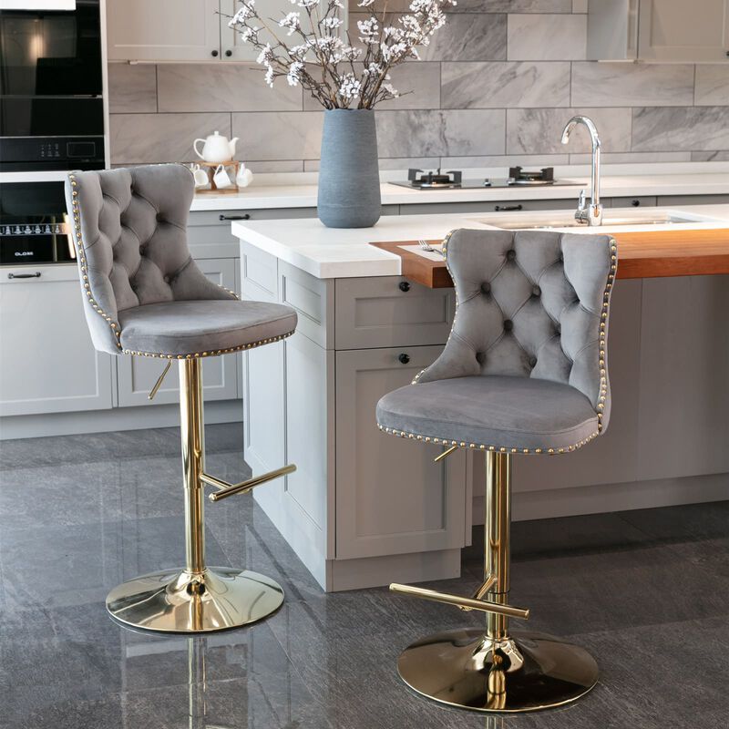 Hivvago Set of 2 Modern Upholstered Tufted Velvet Armless Bar Stools with Gold Details