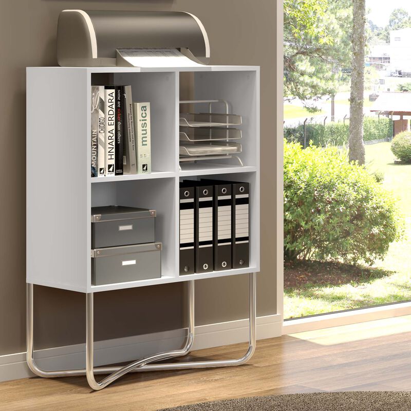 Multipurpose Storage Shelf with 4 Open Compartments, White and Chrome-Benzara image number 2