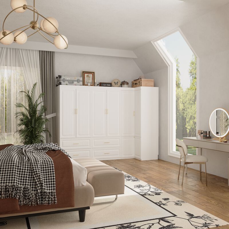 FUFU&GAGA Large Capacity Multifunctional Wardrobe with Concealed Storage, 6 Doors and 4 Drawers with Hanging Rod, (98.4 in. W x 20.6 in. D x 74.2 in. H), White