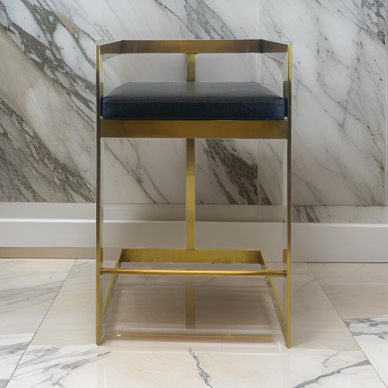 Keyn 26 Inch Counter Stool Chair, Faux Leather, Steel Base, Black, Gold - Benzara