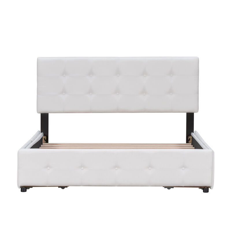 Upholstered Platform Bed with Classic Headboard and 4 Drawers, No Box Spring Needed, Linen Fabric, Queen Size White