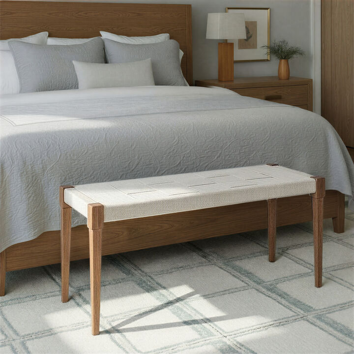 Handwoven Cotton Cord and Acacia Wood Bench with Tapered Legs, Natural