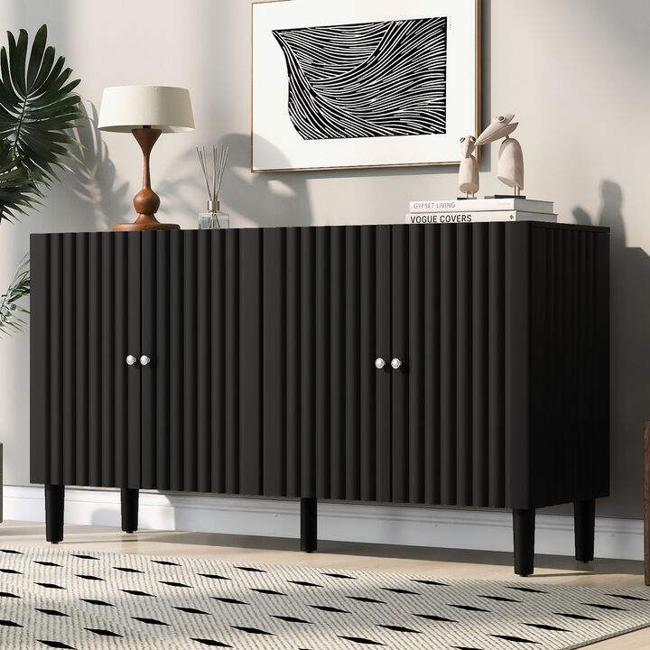 TATEUS Elegant 4-Door Study Room Sideboard – Wavy Pattern Doors, Cylindrical Legs, Sleek Metal Handles