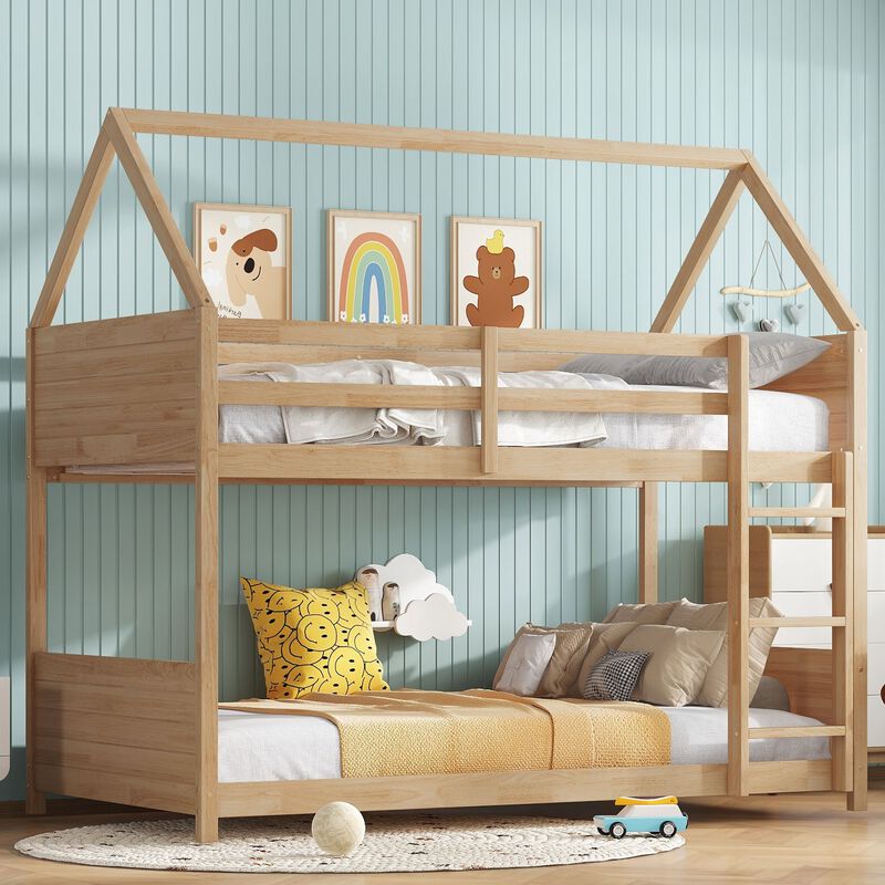 Whisen Twin Over Twin House Floor Bunk Bed with Headboards, Footboards, Guardrails and Ladder