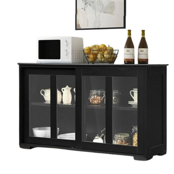 Hivvago Black Wood Buffet Kitchen Dining Sideboard Storage Cabinet w/ Glass Sliding Door