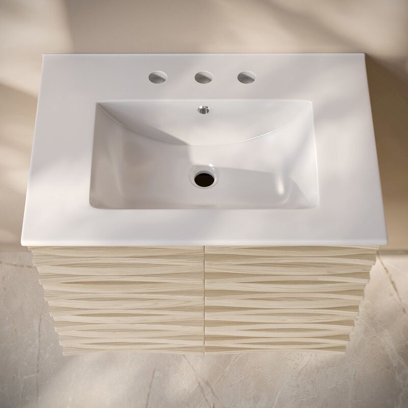 30" Wall-Mounted Bathroom Vanity in Natural Oak with 3-Hole Widespread Sink Top image number 2