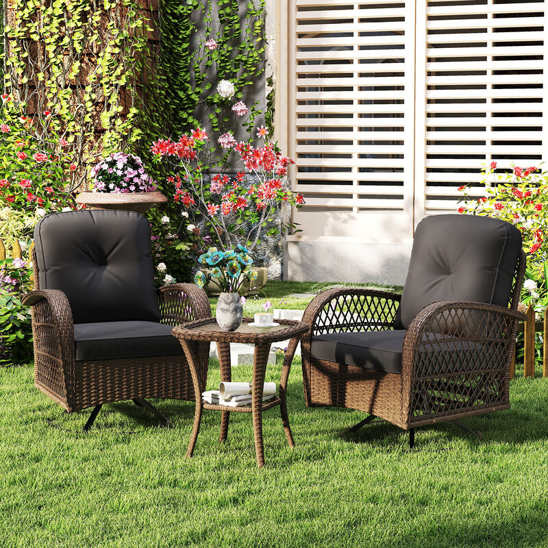 3 Piece Patio Swivel Rocker Set with Tempered Glass Side Table and Thick Cushions image number 2