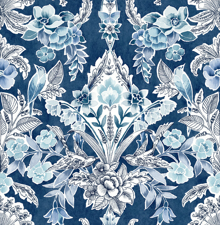 Vera Blue Floral Damask Wallpaper