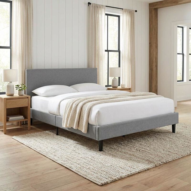 Fabric Queen Bed with Platform Design and Plush Upholstery image number 5