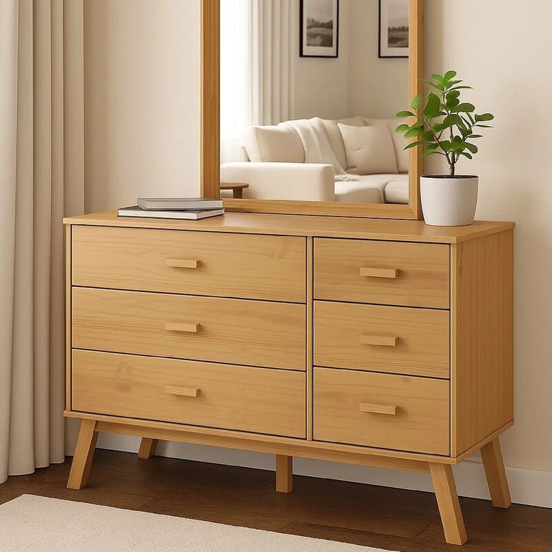 Sideboard Cabinet Dresser, 6 Drawers, Modern 44 Inch Brown Solid Wood