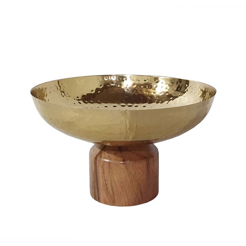 Roe 10 Inch Medium Acacia Wood Table Bowl, Steel, Decorative, Gold, Brown - Benzara