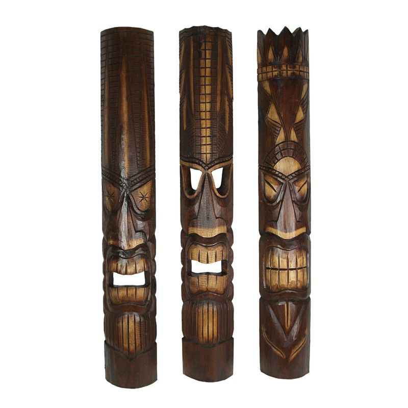 40 Inch Carved Wood Tiki God Masks Tropical Beach Hawaiian Home Decor Set of 3 image number 0