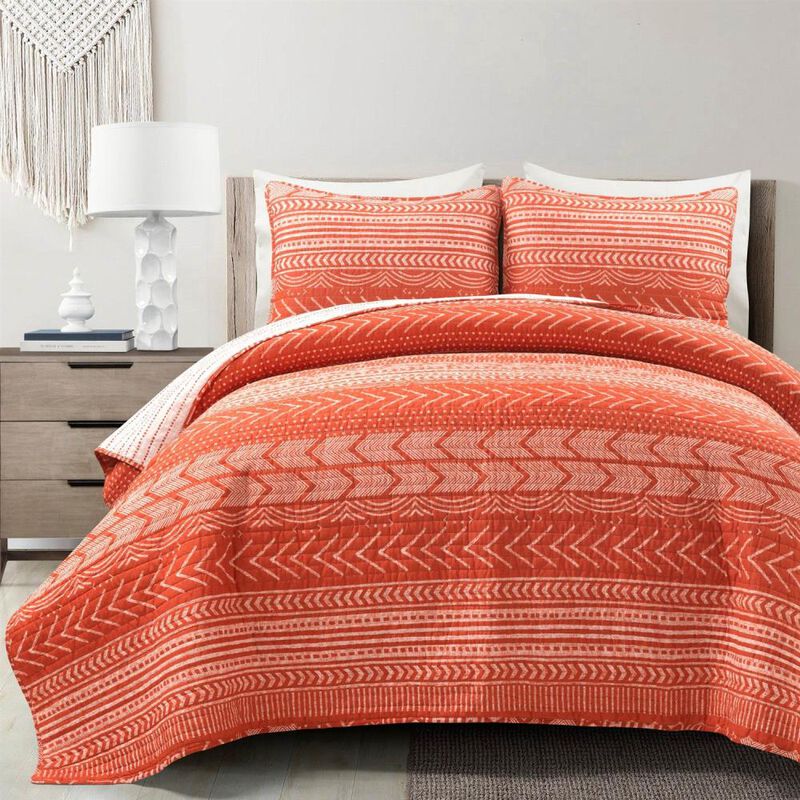 Hivvago Full/Queen Scandinavian Chevron Orange White Stripe Reversible Cotton Quilt Set