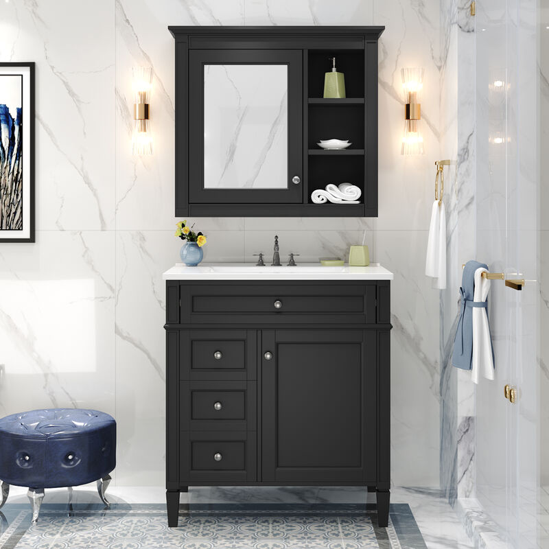 Merax Bathroom Vanity Set with Mirror Cabinet, Ceramic 3-Hole Basin, Soft-Close Storage image number 2