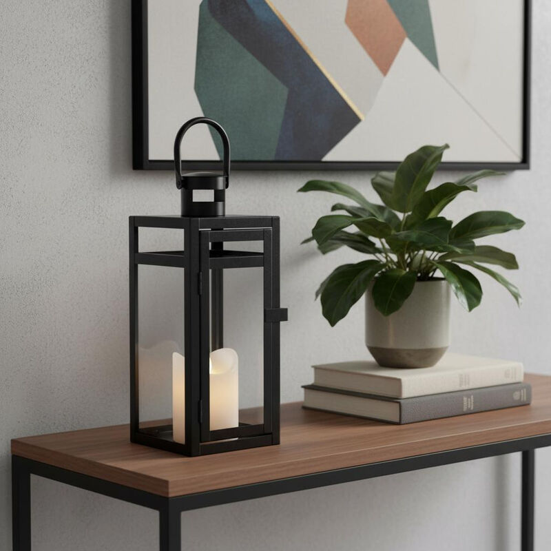 HomeRoots 12" Clear And Black Glass And Metal Tabletop Lantern Candle Holder image number 1