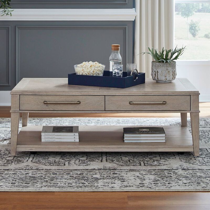 Liberty Furniture Rectangular Drawer Cocktail Table for Living Room - Sanctuary White Oak Wood image number 1