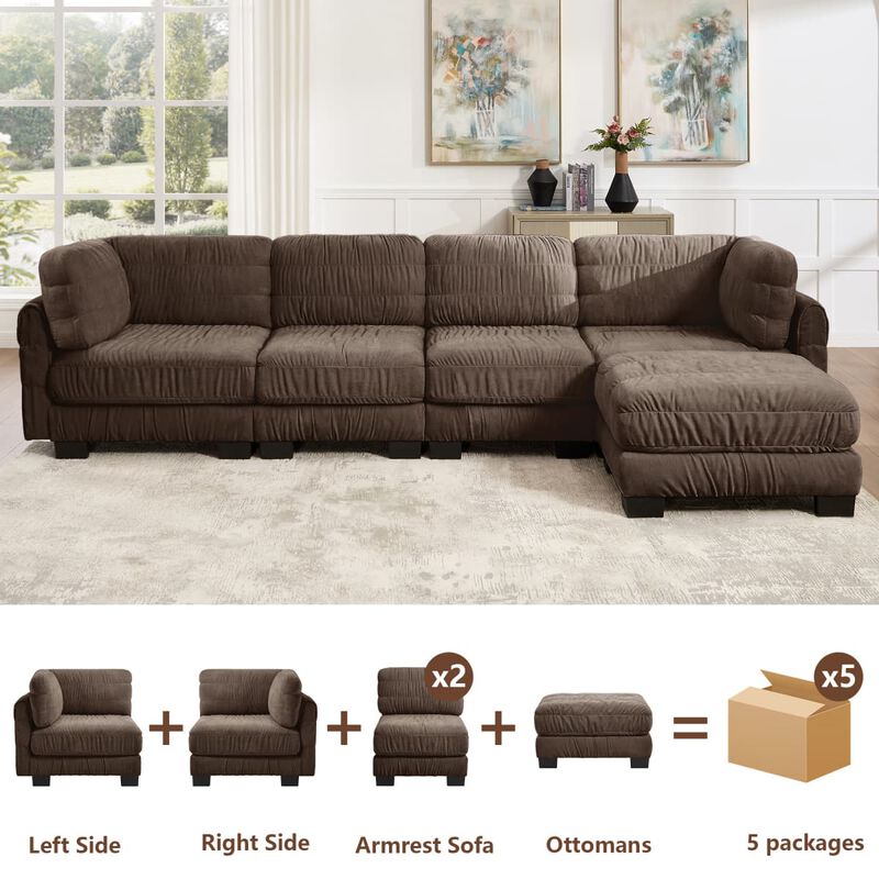 4 seat modular sectional sofa, Chenille L shaped sectional couch with ruched detailing, Modular sectional with movable ottoman image number 5