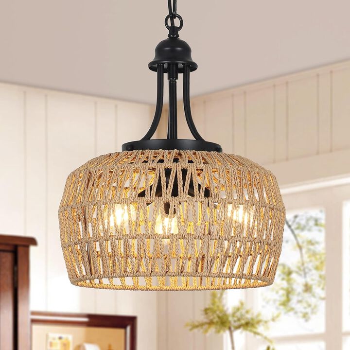 ELEMENT ACE 3-Light Boho Rattan Woven Ceiling Hanging Chandelier Pendant Light Fixture for Dining Room Kitchen Bedroom Island Hallway Entryway