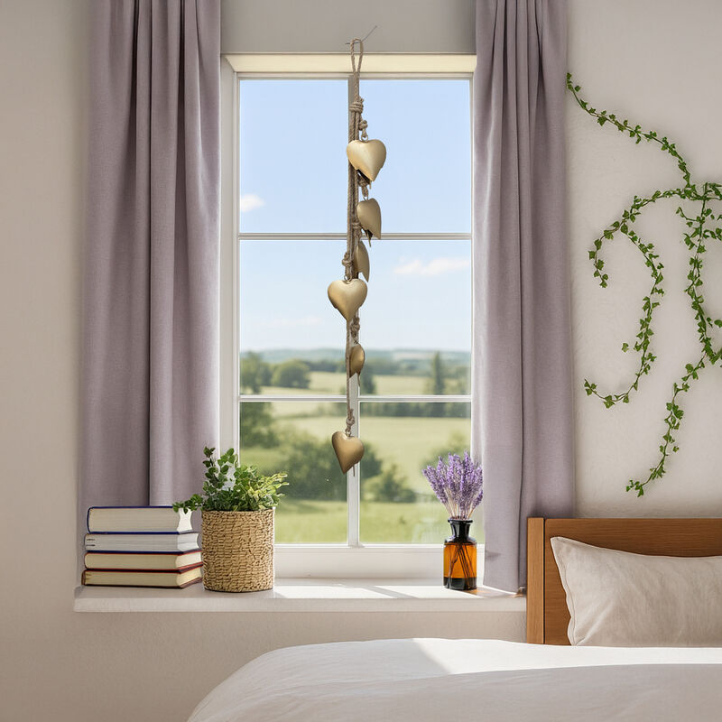 Zema 6 Heart Shape Iron Bells on 35 Inch Jute Hanging Rope, Antique Gold Wall Decor