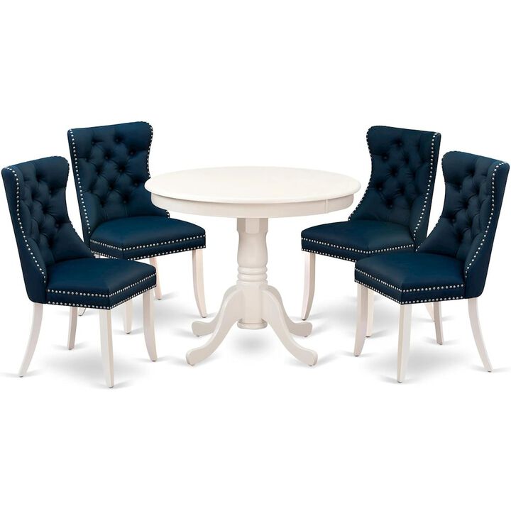 East West Furniture ANDA5-LWH-29 5 Piece Dining Room Set Consists of a Round Kitchen Table with Pedestal and 4 Upholstered Chairs, Linen White