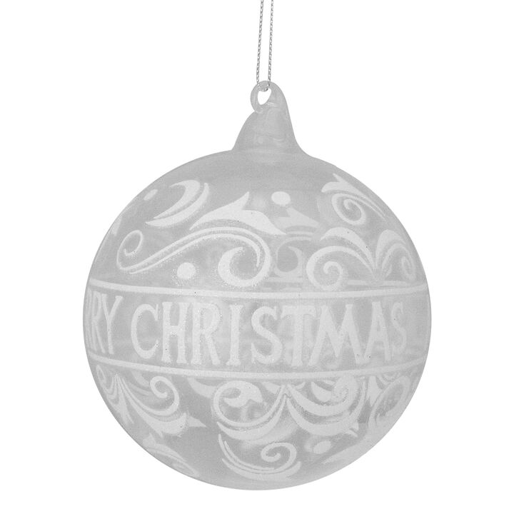 Clear and White "Merry Christmas" Glass Christmas Ball Ornament 4.5" (114mm)