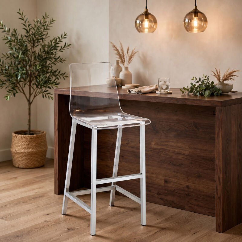 Elegant Acrylic Bar Height Stool with Chrome Base, Clear And Silver, Set of 2 image number 9