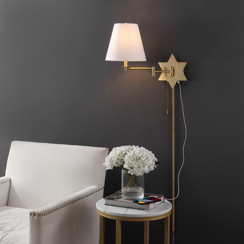 David Modern French Country Swing Arm Plug-In or Hardwired Iron LED Star Wall Sconce with Pull-Chain and USB Charging Port