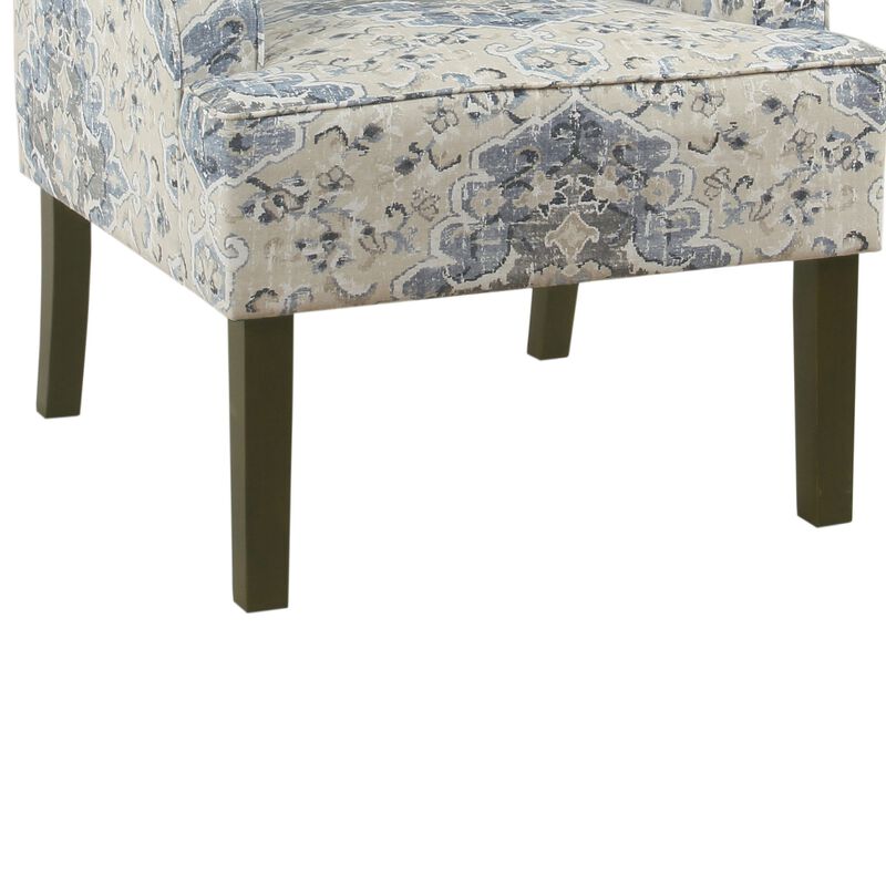 Fabric Upholstered Wooden Accent Chair with Swooping Armrests, Blue, Cream and Brown-Benzara