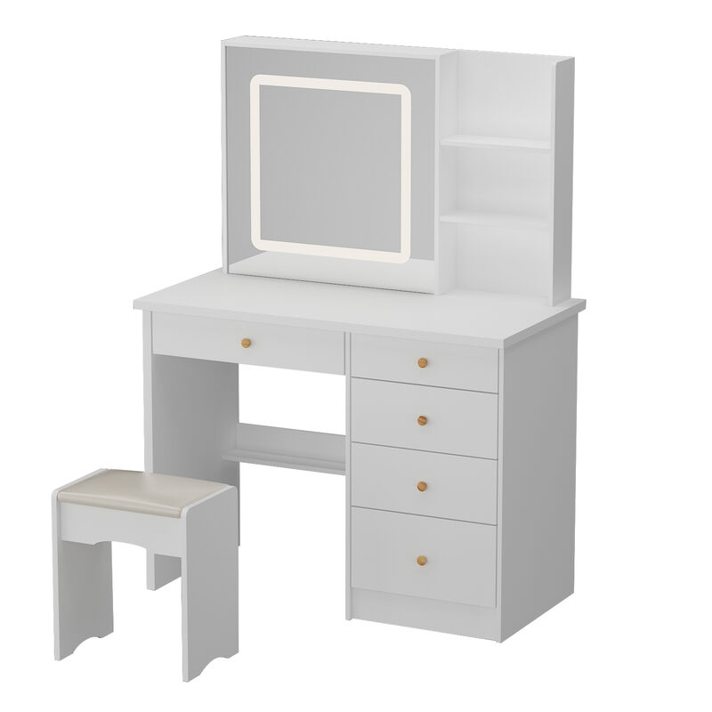 5-Drawers White Makeup Vanity Sets Dressing Table Sets with LED Dimmable Mirror, Stool and 3-Tier Storage Shelves