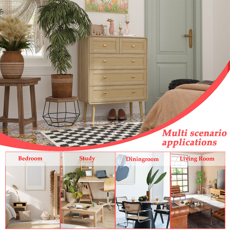 FUFU&GAGA 5-Drawer Dresser, Modern Wood Chest with Rattan Fronts, Gold Handles & Sturdy Wooden Legs, Spacious Storage Cabinet for Bedroom (31.5" W x 39.8" H x 13.9" D), Natural Wood