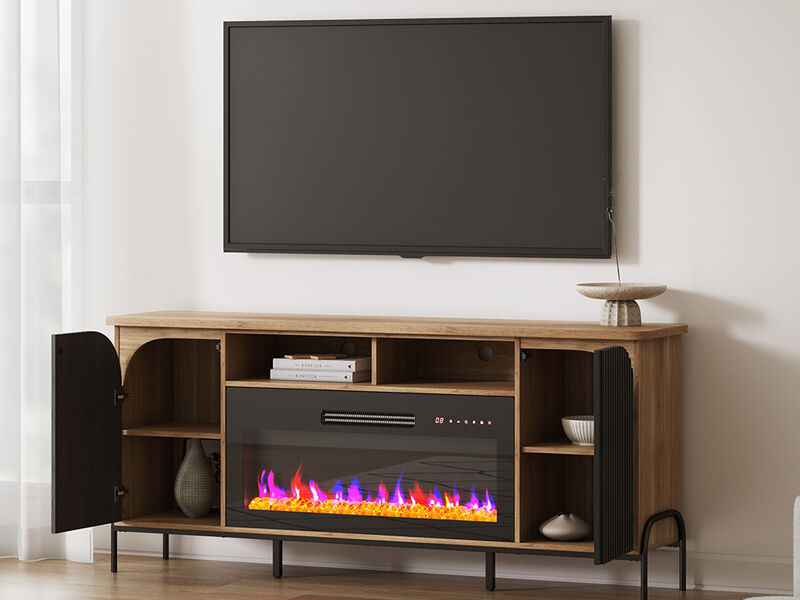 BELLEZE 68 Inch Fluted TV Stands with 36" Electric Fireplace, Modern Fluted Entertainment Center with Open Storage Shelves& Cabinets, Media Console TV Cabinet For Living Room Bedroom (Camel)