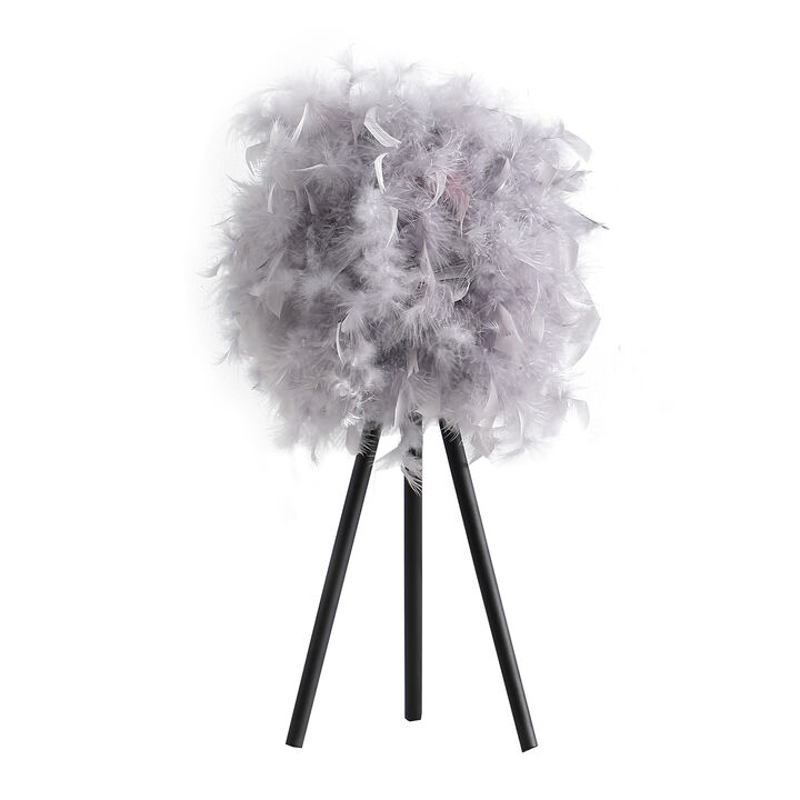 Rio 21 Inch Accent Table Lamp, Gray Feather Shade, Black Metal Tripod Base - Benzara