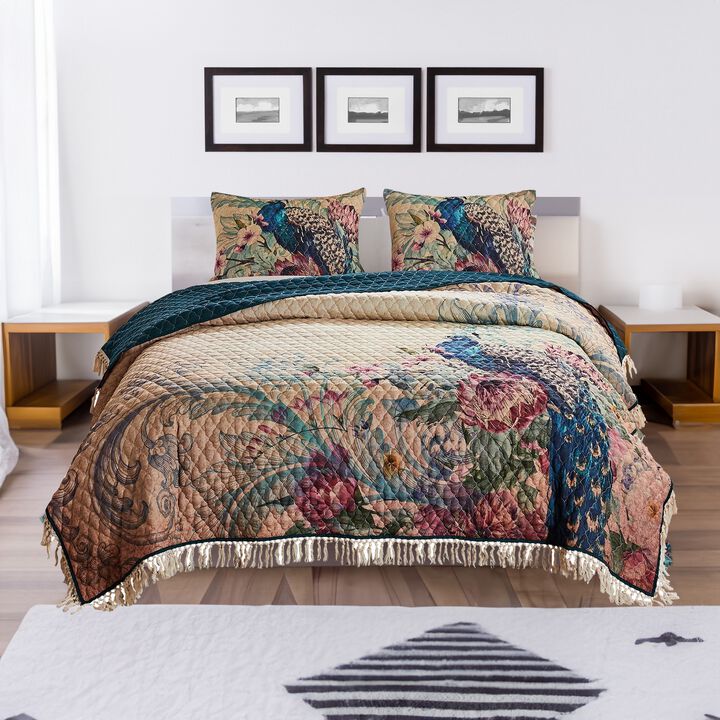 3 Piece Queen Size Quilt Set with Floral Print and Crochet Trim, Multicolor - Benzara