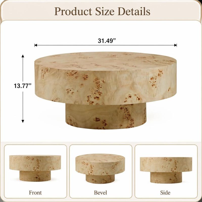 GOODSILO Round Mid-Century Modern Coffee Table with Burl Wood Veneer and Sturdy Pedestal for Small Living Spaces, Apartments and Home Offices image number 1
