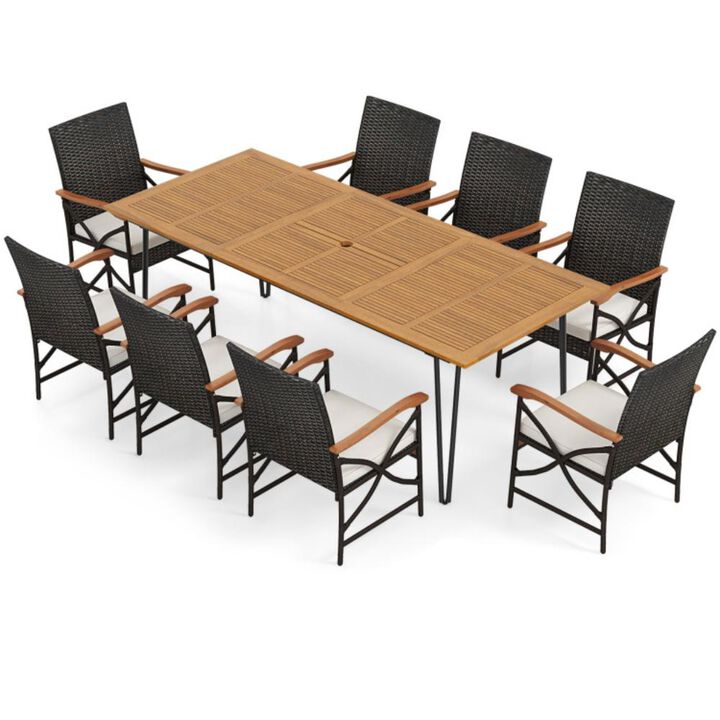 Hivvago Wicker Patio Furniture Set of 8 Armchairs with Soft Cushions and Acacia Wood Square Table