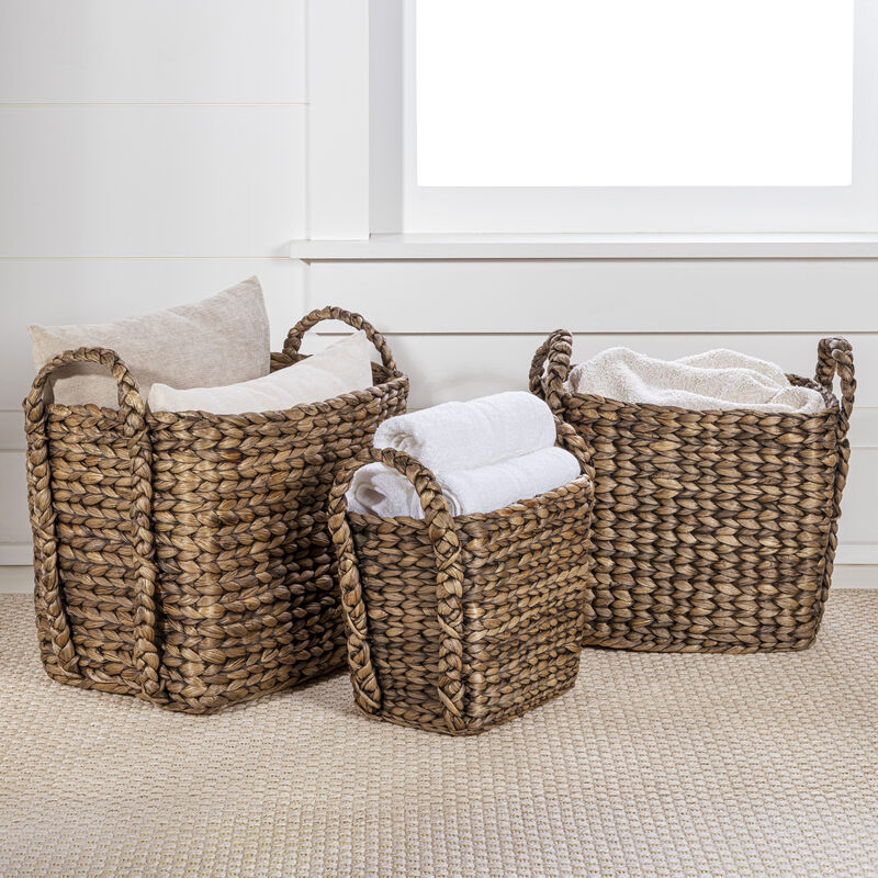 Clara Farmhouse Classic Handwoven Hyacinth Rectangle Storage Floor Baskets with Handles