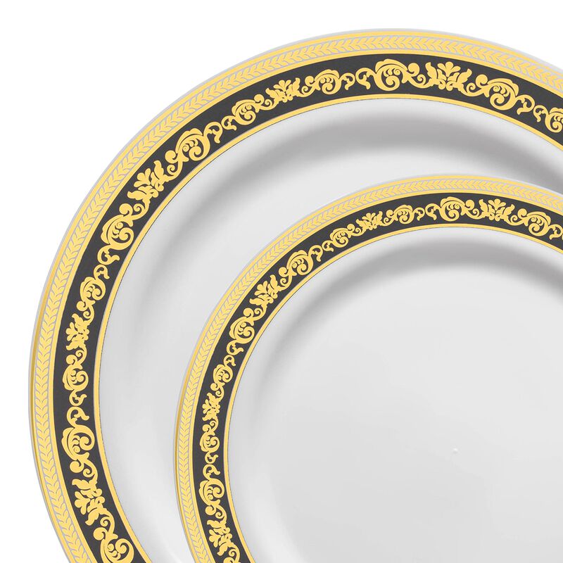 White with Black and Gold Royal Rim Plastic Dinnerware Value Set (40 Sets) image number 9