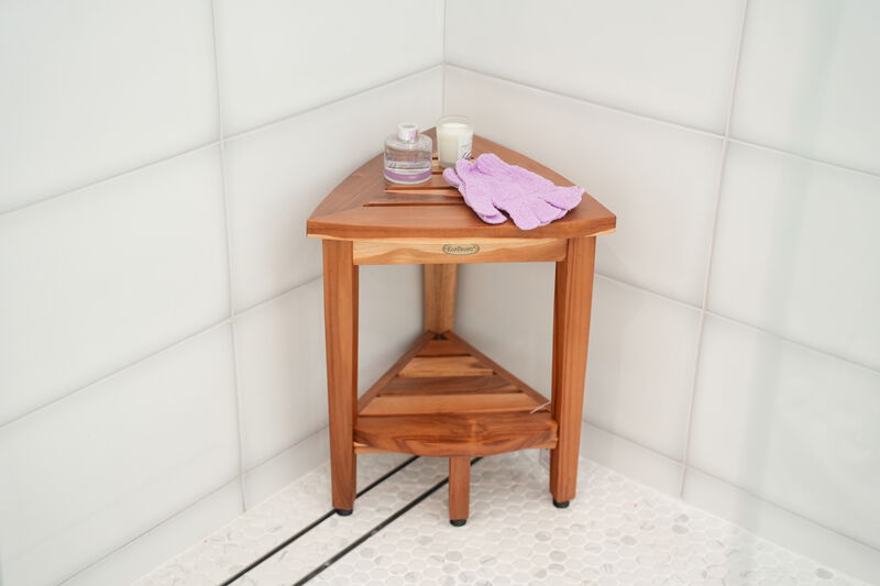 EcoDecors SnazzyCorner 18"H Teak Wood Curved Corner Shower Bench with Shelf in EarthyTeak Finish