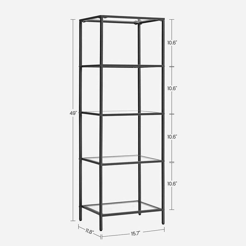 Hivvago Black Metal Frame Glass Shelf Bookcase 4-Shelves Shelving Unit