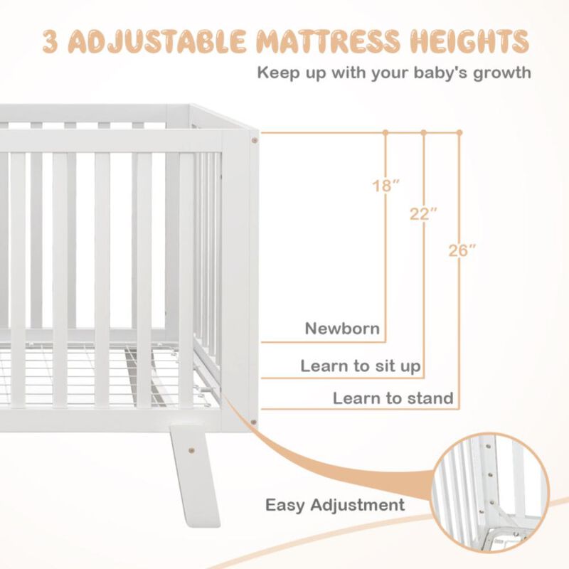 Hivvago Rubber Wood Baby Crib with Adjustable Mattress Heights and Guardrails