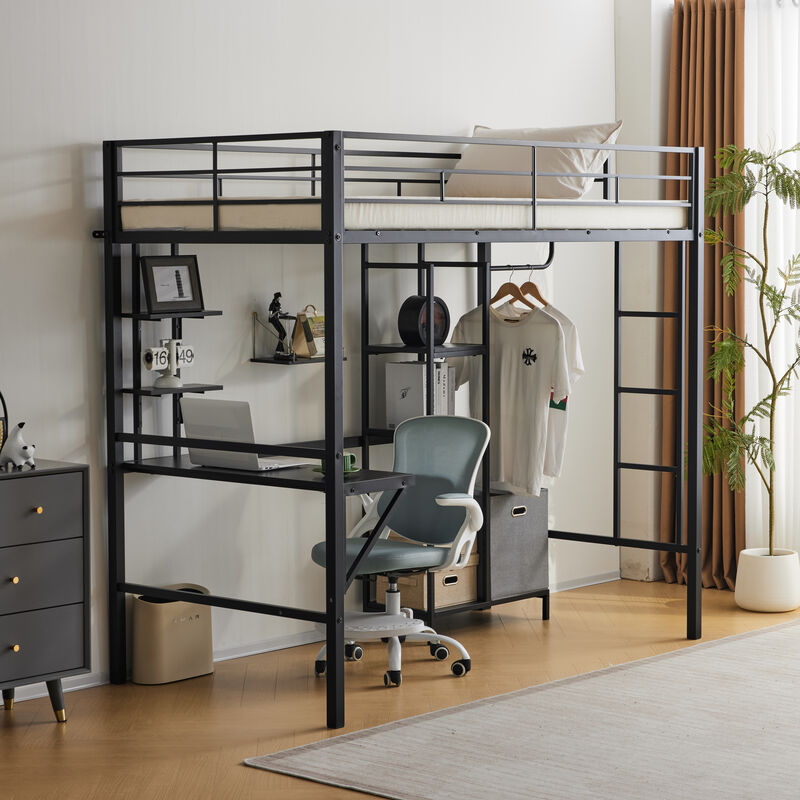 Heavy-Duty Loft Bed with Desk, Storage Shelves, Guardrails & Dual Ladders, No Box Spring Needed image number 5