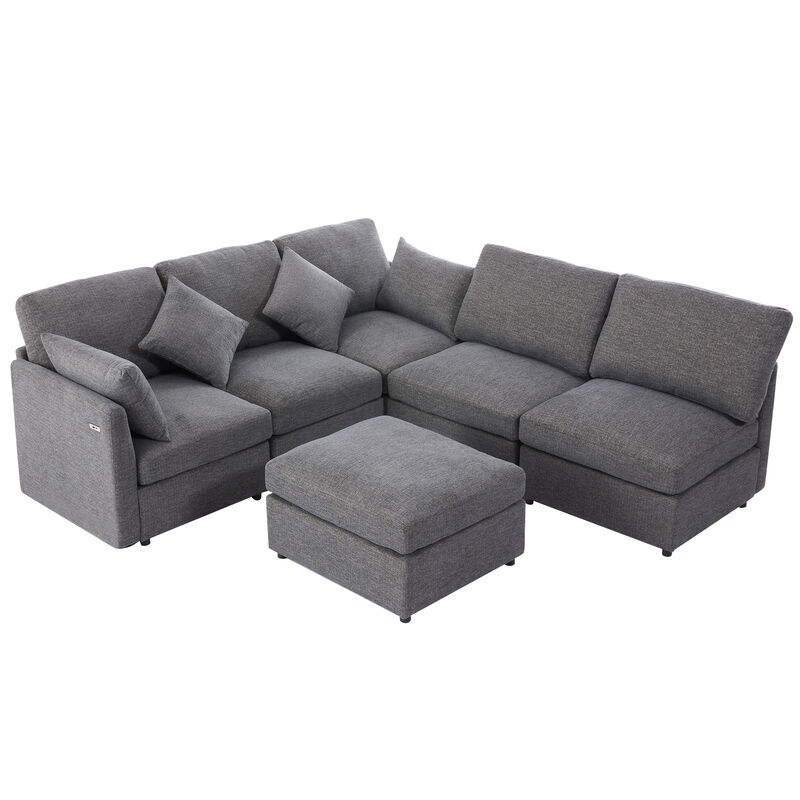 Whisen 86.6" Modular Sectional Sofa, Chenille U-Shaped Couch with Movable Ottoman & USB Ports for Living Room, Apartment image number 7