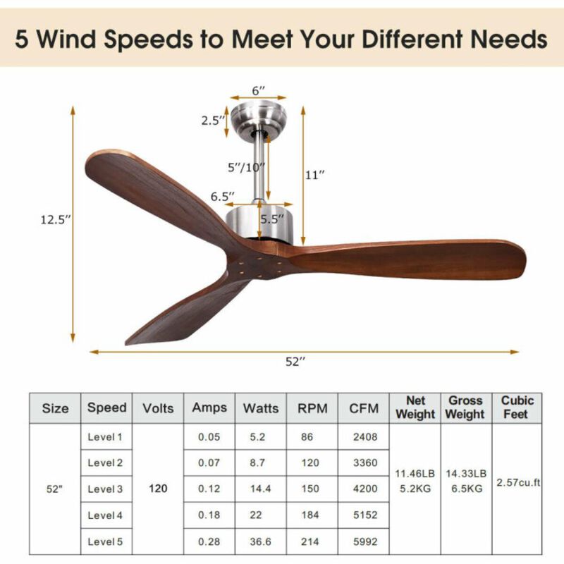 Hivvago 52 Inch Modern Ceiling Fan Indoor Outdoor Brushed Nickel Finish with Remote